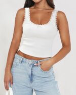 Women's Tank Tops Cute Slim Fitted Ribbed Knit Bow Lace Camisole Top Sexy Summer Square Neck Sleeveless Going Out Tops