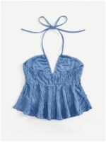 Women's Textured Tie Back Halter Tops Sleeveless Backless Ruffle Crop Tops Flared Camisoles