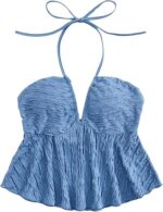 Women's Textured Tie Back Halter Tops Sleeveless Backless Ruffle Crop Tops Flared Camisoles