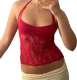 Women's Y2K Lace Cami Tank Top Sexy Mesh See Through Spaghetti Strap Crop Camisole Backless Bustier Going Out Tops