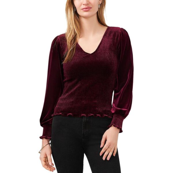 1.State Womens Red Velvet V Neck Ruffled Blouse Shirt XS BHFO 1534