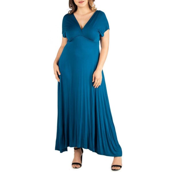 24seven Comfort Apparel Womens Blue V Neck Solid Maxi Dress Plus 2X BHFO 0662