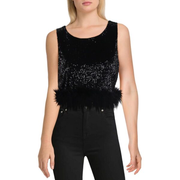 Aqua Womens Black Sequined Faux Feather Trim Tank Cropped Top L BHFO 3401