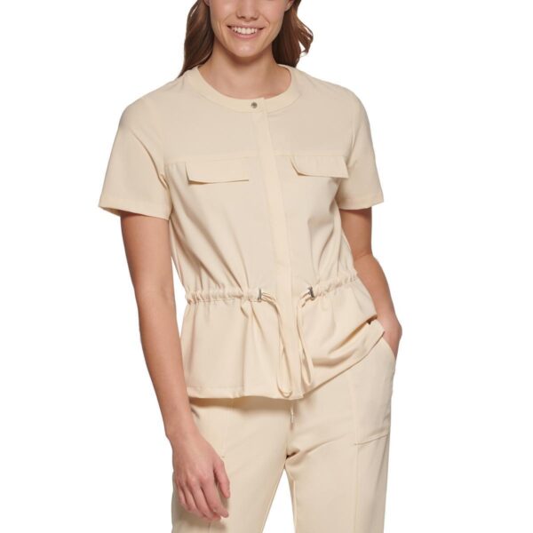 Calvin Klein Womens Beige Drawstring Waist Button-Down Top Shirt M BHFO 0668