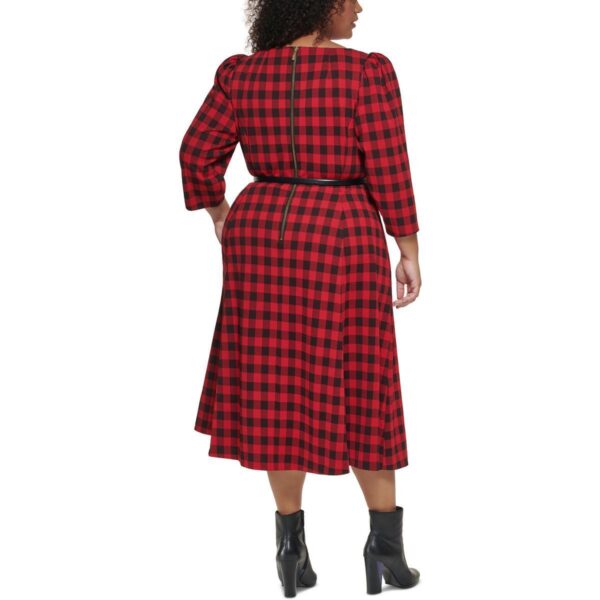 Calvin Klein Womens Red Checkered Calf Puff Sleeve Midi Dress Plus 16W BHFO 9093