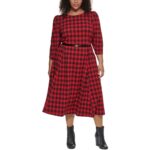 Calvin Klein Womens Red Checkered Calf Puff Sleeve Midi Dress Plus 16W BHFO 9093