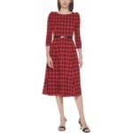 Calvin Klein Womens Red Crepe Buffalo Checkered Work Wear Midi Dress 8 BHFO 9020