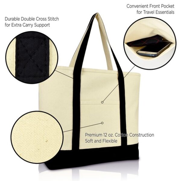 DALIX 22" Extra Large Cotton Canvas Zippered Shopping Tote Grocery Bag in Black Female