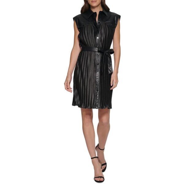 DKNY Womens Black Faux Leather Mini Pleated Shirtdress 4 BHFO 1303