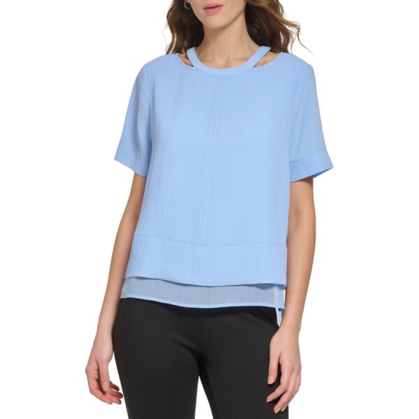 DKNY Womens Blue Crinkle Cut-Out Office Blouse Shirt XS BHFO 1460