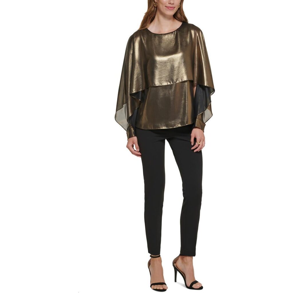 DKNY Womens Metallic Layered Top Blouse Shirt BHFO 0612