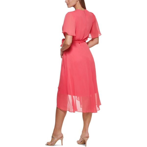 DKNY Womens Pink Flutter Sleeves Belted Summer Midi Dress Petites 10P BHFO 1751