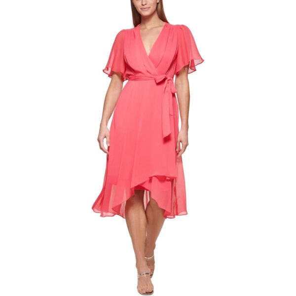 DKNY Womens Pink Flutter Sleeves Belted Summer Midi Dress Petites 10P BHFO 1751