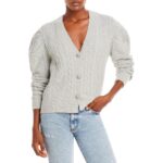 En Saison Womens Gray Cable Knit Puff Sleeve Cardigan Sweater Top L BHFO 9413