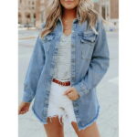 Eytino Denim Jacket for Women Long Sleeve Boyfriend Jean Jacket Loose Coat Sky Blue S Female