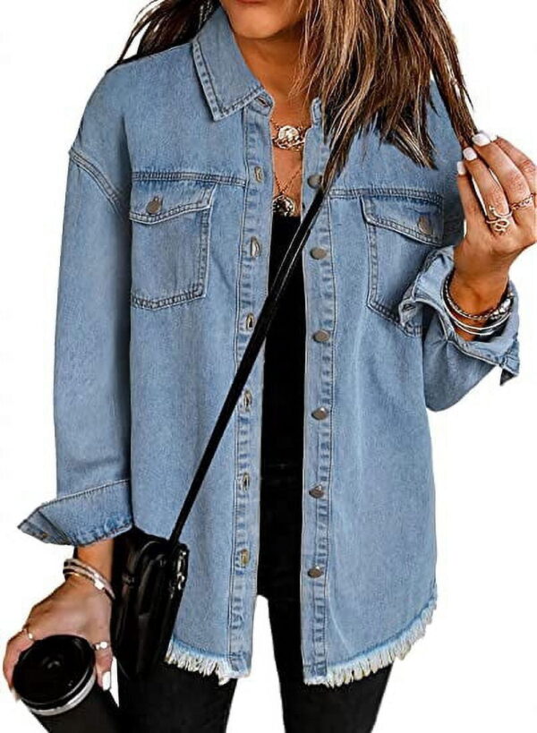 Eytino Denim Jacket for Women Long Sleeve Boyfriend Jean Jacket Loose Coat Sky Blue S Female