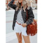 Eytino Oversized Denim Jacket for Women Long Sleeve Classic Loose Jean Jacket Black L Female