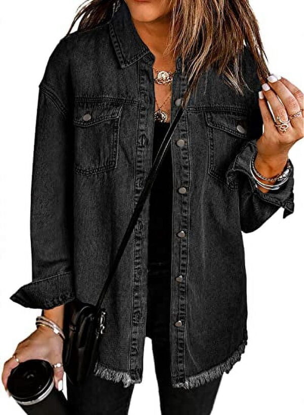 Eytino Oversized Denim Jacket for Women Long Sleeve Classic Loose Jean Jacket Black L Female