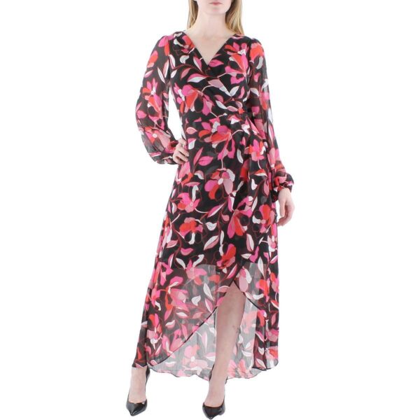 Guess Womens Red Chiffon Floral Print Faux Wrap Midi Dress 0 BHFO 4759