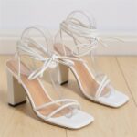 Lovskoo 2024 Women's High Heels Strappy Lace Up Open Toe Block Chunky Heel Sandals Summer Holiday Party Wedding Dress Pumps Shoes White