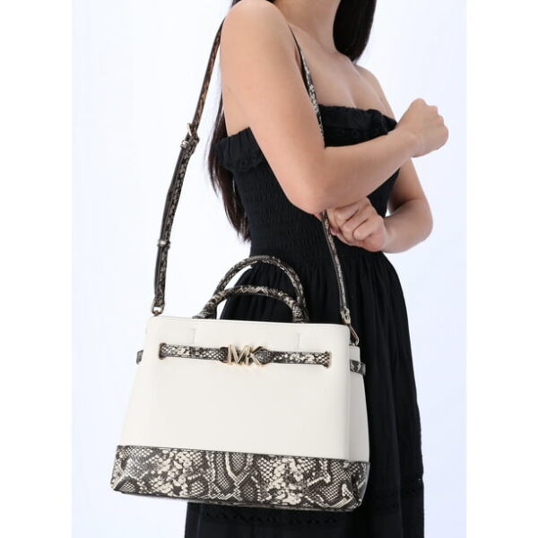 Michael Kors Reed Large Belted Satchel Bag Neutral Python Light Cream Leather