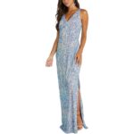 NW Nightway Womens Blue Sequined Long Evening Dress Gown Petites 8P BHFO 0808