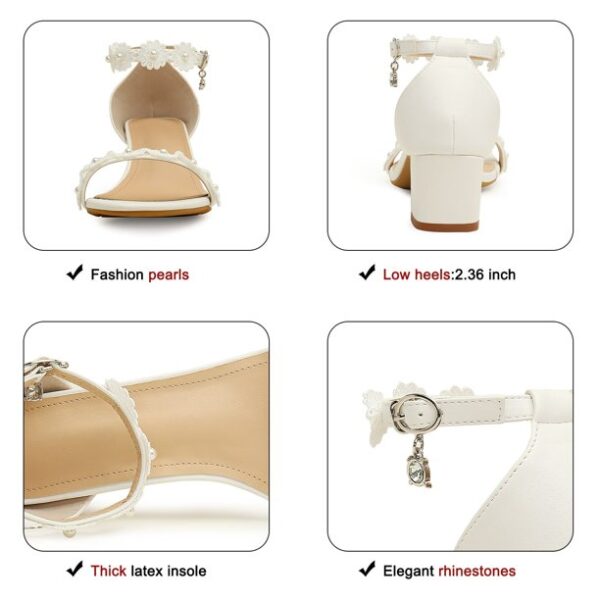 Pmoiste Chunky Heels for Women Elegant Low Heel Pearl Sandals Ankle Strap Dressy Block Heeled Sandal White 8