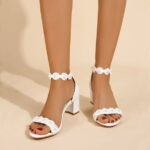 Pmoiste Chunky Heels for Women Elegant Low Heel Pearl Sandals Ankle Strap Dressy Block Heeled Sandal White 8