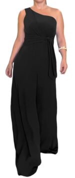 Qikaka Women's Sleeveless Slant Shoulder Tied Waist Bodycon Wide Leg Sexy Nightclub Party Jumpsuit Rompers