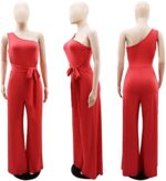 Qikaka Women's Sleeveless Slant Shoulder Tied Waist Bodycon Wide Leg Sexy Nightclub Party Jumpsuit Rompers