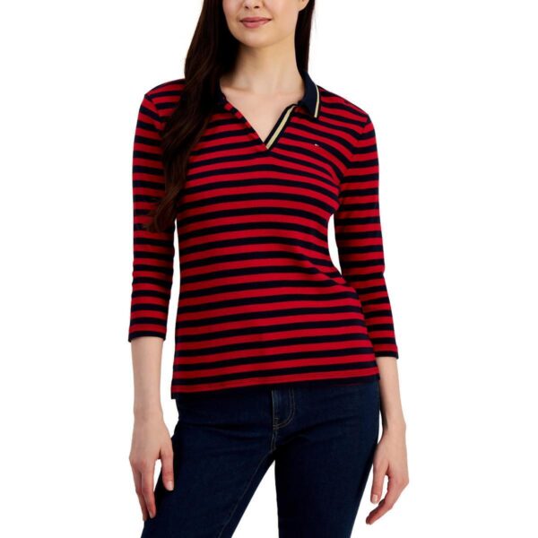 Tommy Hilfiger Womens Red Cotton Striped Tee Polo Top Shirt S BHFO 9347