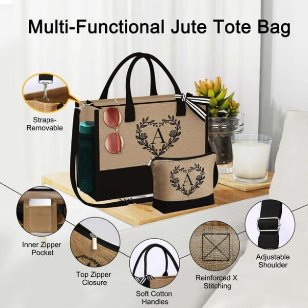 TOPEAST Initial Jute Tote Bag for Women, Monogram Beach Tote Bag Travel Essential Gift for Women Girls