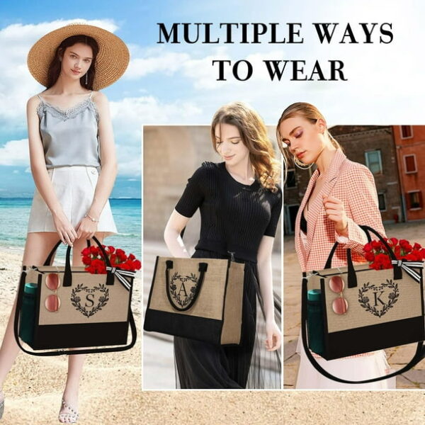 TOPEAST Initial Jute Tote Bag for Women, Monogram Beach Tote Bag Travel Essential Gift for Women Girls