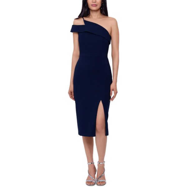 Xscape Womens Navy Knit One Shoulder Wedding Midi Dress 4 BHFO 0736