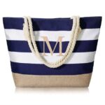 YOOLIFE Monogram Initial Canvas Waterproof Beach Tote Bag Zipper Personalized Gifts for Women Her, Travel Beach Essential