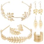 6PCS Costume Accessories Set, Greek Goddess Accessories for Women, Bridal Headpiece Jewelry Set with Golden Leaf Headbands, Earrings, Armband, Coil Cuff Bracelet for Wedding Party