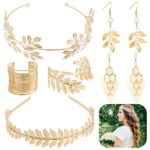 6PCS Costume Accessories Set, Greek Goddess Accessories for Women, Bridal Headpiece Jewelry Set with Golden Leaf Headbands, Earrings, Armband, Coil Cuff Bracelet for Wedding Party