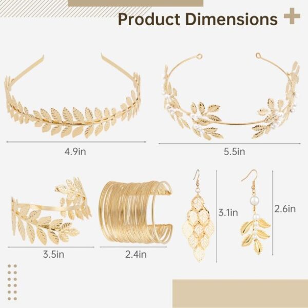 6PCS Costume Accessories Set, Greek Goddess Accessories for Women, Bridal Headpiece Jewelry Set with Golden Leaf Headbands, Earrings, Armband, Coil Cuff Bracelet for Wedding Party