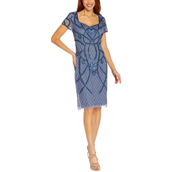 Adrianna Papell Womens Blue Beaded Knee-Length Cocktail Sheath Dress 4 BHFO 1075