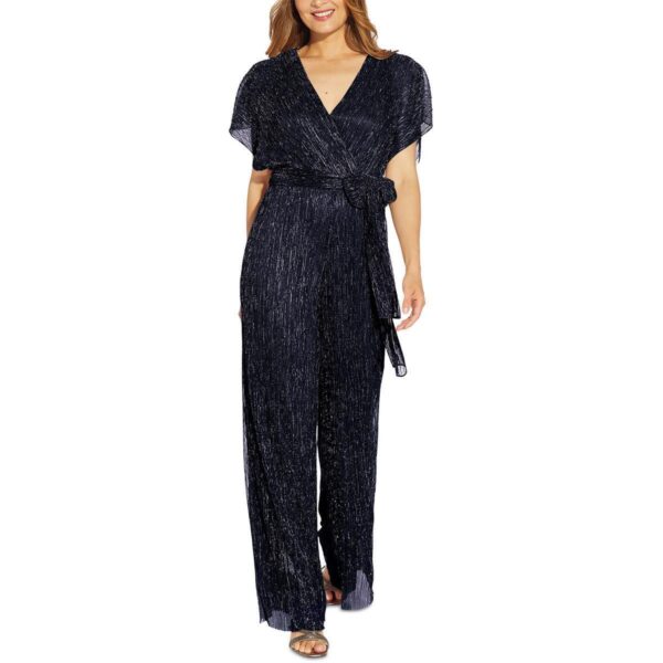 Adrianna Papell Womens Navy Mesh Metallic Surplice Jumpsuit 2 BHFO 3172