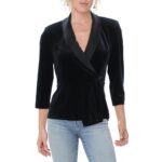 Alex Evenings Womens Black Velvet Peplum Wrap Top Blouse Petites PS BHFO 2885