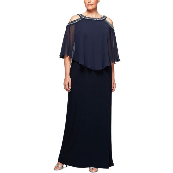 Alex Evenings Womens Navy Embellished Evening Dress Gown Plus 16W BHFO 3877