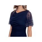 B&A BY BETSY & ADAM Womens Navy Embellished Zippered Ruched Cascading Ruffle Flutter Sleeve Boat Neck Full-Length Formal Gown Dress 4