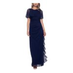 B&A BY BETSY & ADAM Womens Navy Embellished Zippered Ruched Cascading Ruffle Flutter Sleeve Boat Neck Full-Length Formal Gown Dress 4