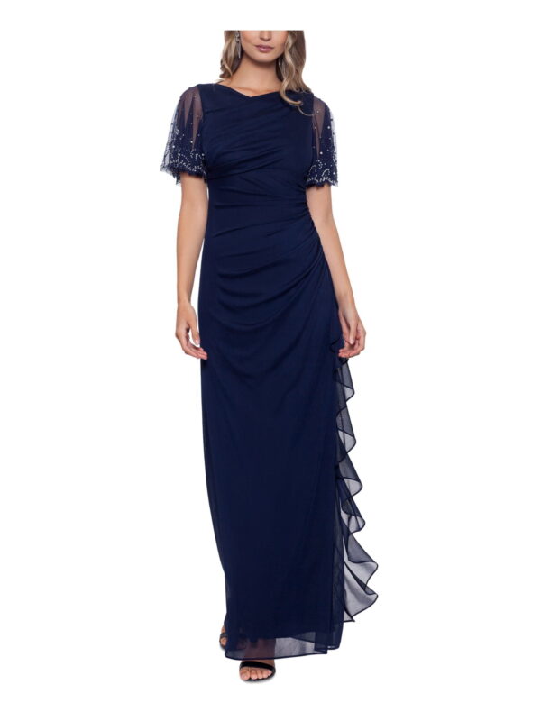 B&A BY BETSY & ADAM Womens Navy Embellished Zippered Ruched Cascading Ruffle Flutter Sleeve Boat Neck Full-Length Formal Gown Dress 4