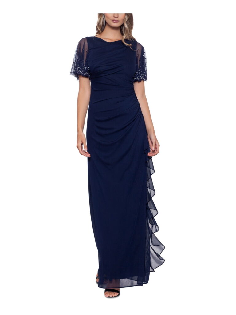 B&A BY BETSY & ADAM Womens Navy Embellished Zippered Ruched Cascading Ruffle Flutter Sleeve Boat Neck Full-Length Formal Gown Dress 4