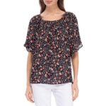 B Collection by Bobeau Womens Black Smocked Floral Peasant Top XS BHFO 2415