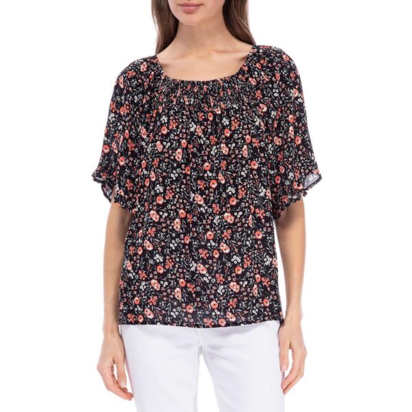 B Collection by Bobeau Womens Black Smocked Floral Peasant Top XS BHFO 2415