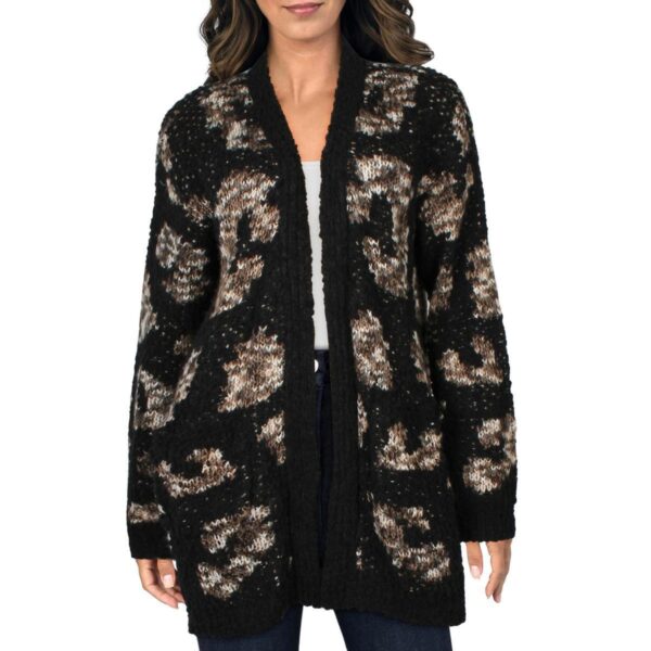 Bobeau Womens Black Knit Animal Print Cardigan Sweater Top L BHFO 7604