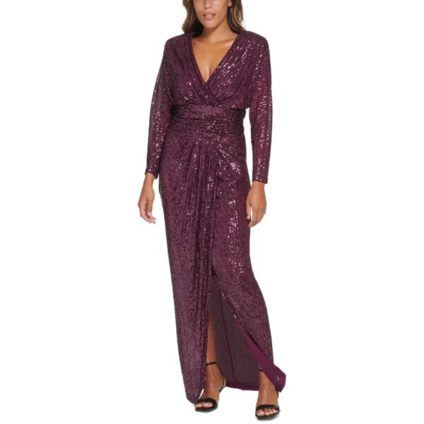 Calvin Klein Womens Purple Sequined Ruched Formal Evening Dress Gown 4 BHFO 4788